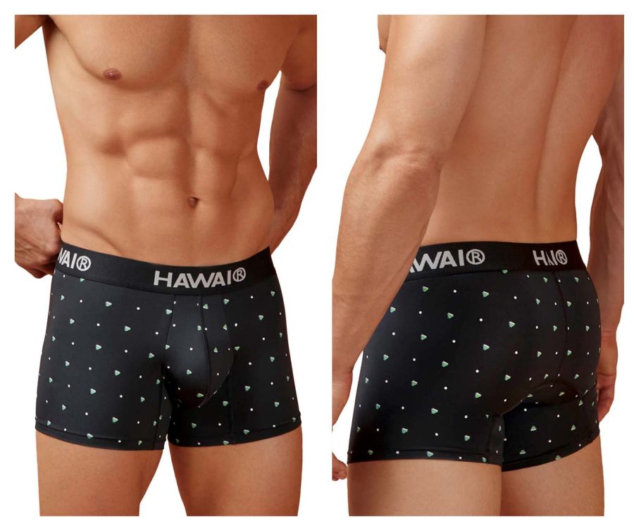 Black hawaiian boxer briefs with white triangle and dot pattern microfiber trunks with logo waistband