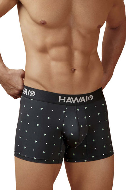 Black hawai 42570 microfiber boxer briefs with subtle white triangle and dot pattern in black color