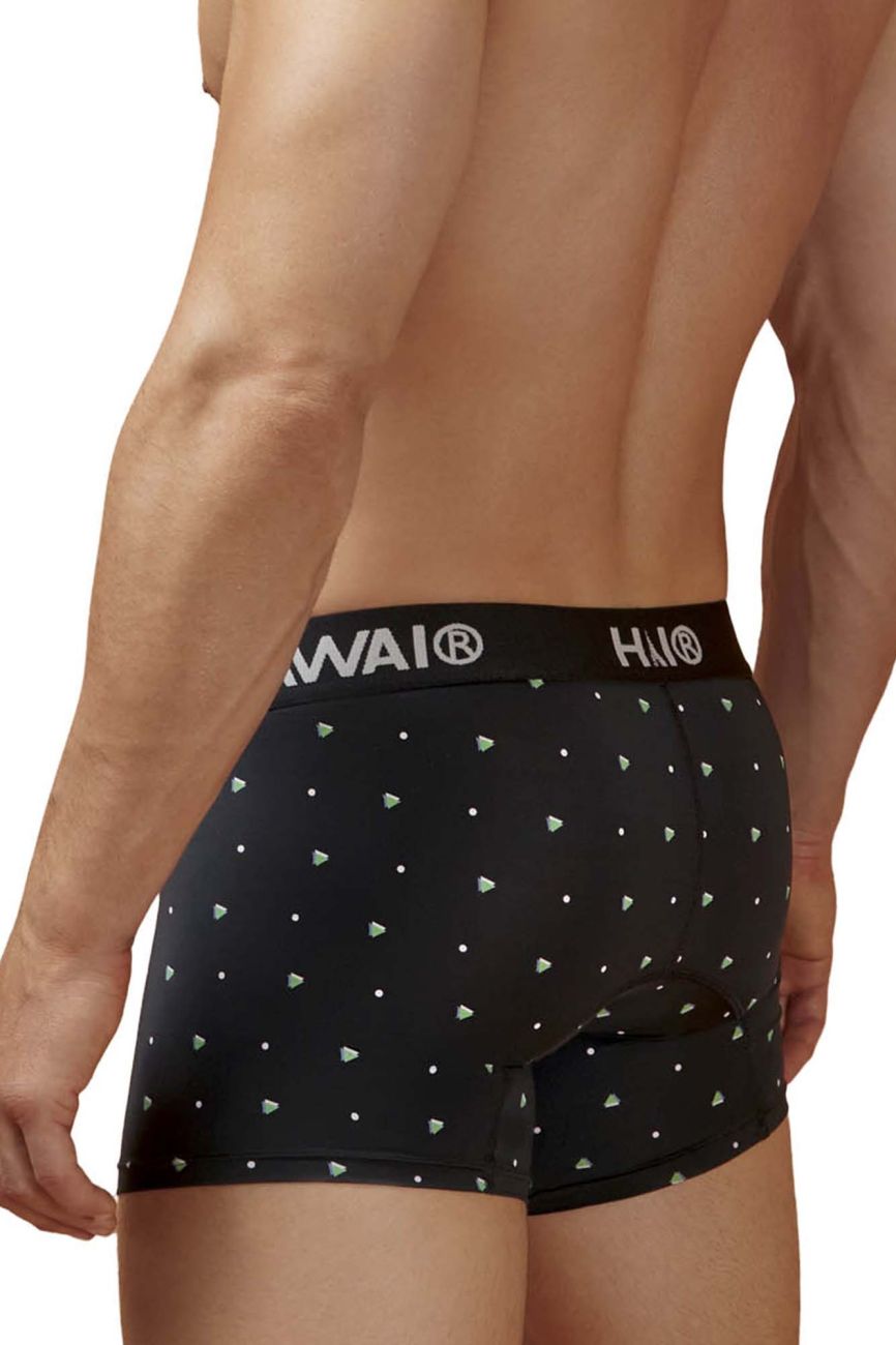Black men’s microfiber boxer briefs with light green and white triangle pattern and hawai elastic waistband in black