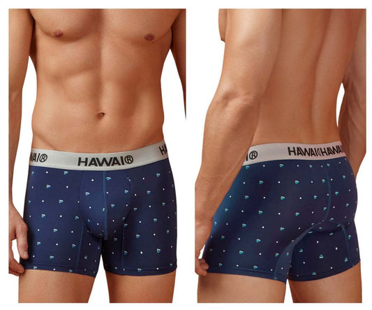 Navy blue hawaii microfiber trunks with subtle diamond pattern and white elastic waistband for comfortable wear