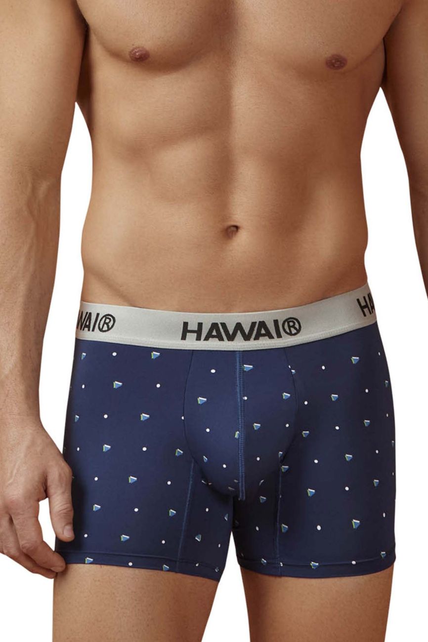 Navy blue microfiber boxer briefs with white hawai waistband and diamond patterns in hawai 42570 trunks color dark blue