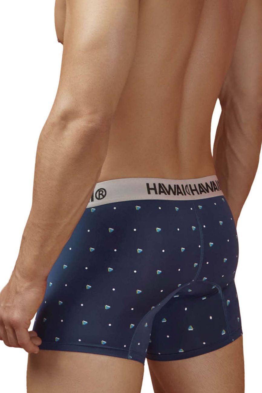 Navy blue microfiber boxer briefs with light teal diamond pattern and white hawaiian branded elastic waistband