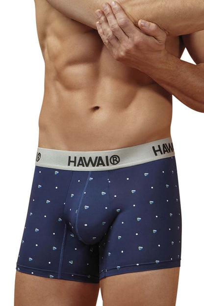 Navy blue hawaii 42570 microfiber trunks with white diamond dot pattern and gray waistband featuring hawaii branding