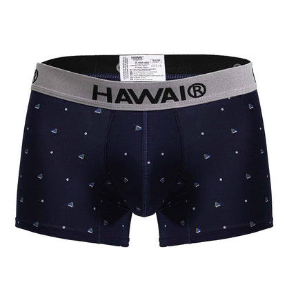 Navy blue hawaii microfiber trunks with gray waistband and silver triangular patterns in dark blue color