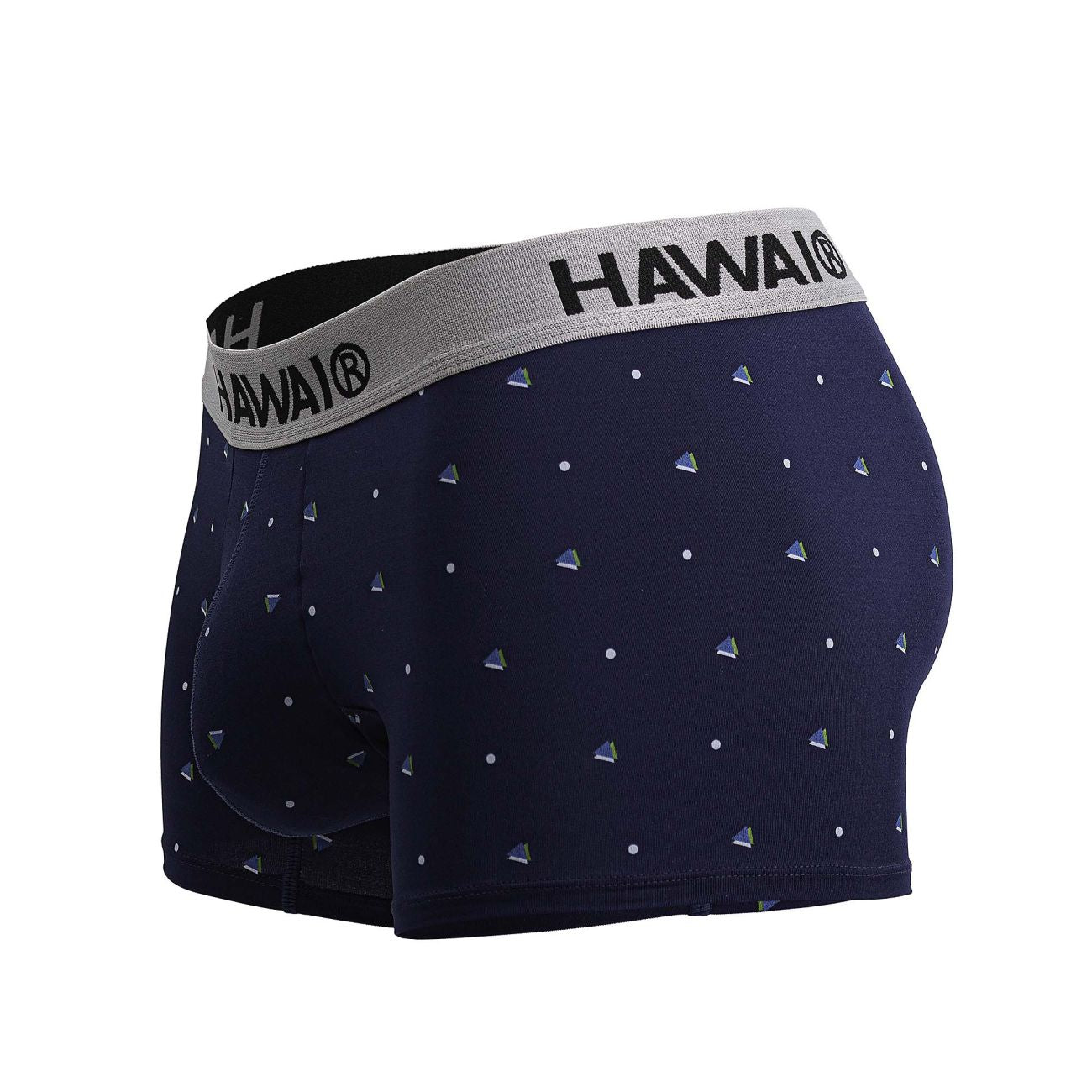 Navy blue microfiber men’s briefs with gray waistband featuring hawaii brand and silver white triangular dot patterns