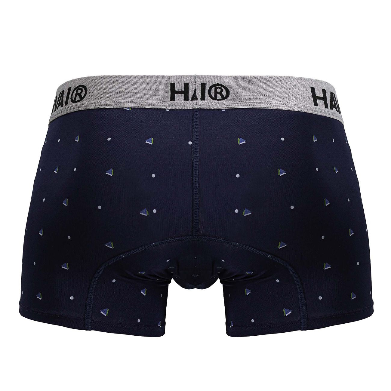 Dark navy microfiber boxer briefs with silver triangle and dot pattern and gray hai branded waistband hawai 42570 trunks