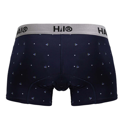 Dark navy microfiber boxer briefs with silver triangle and dot pattern and gray hai branded waistband hawai 42570 trunks