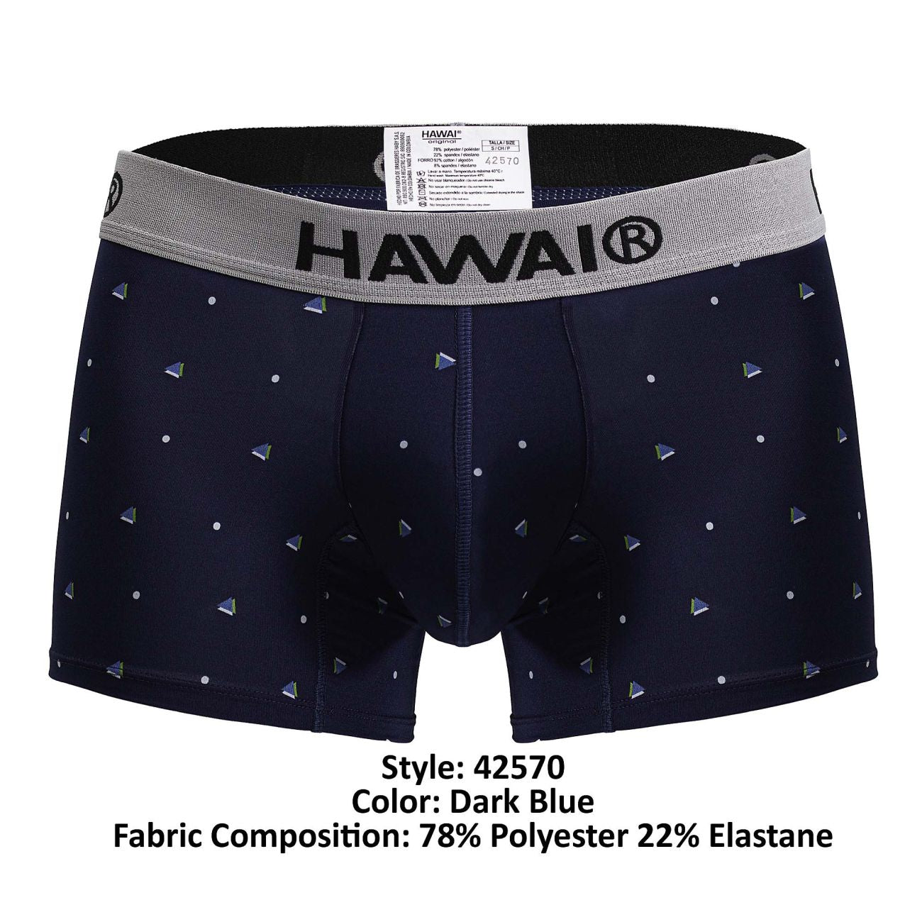 Dark blue hawaii 42570 microfiber boxer briefs with gray waistband and triangular pattern for comfortable wear