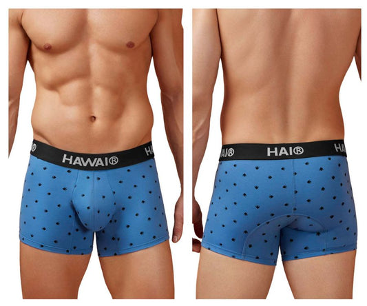 Blue hai boxer briefs with black palm tree patterns and black waistband in cotton blend blue quartz trunks hawai 42571