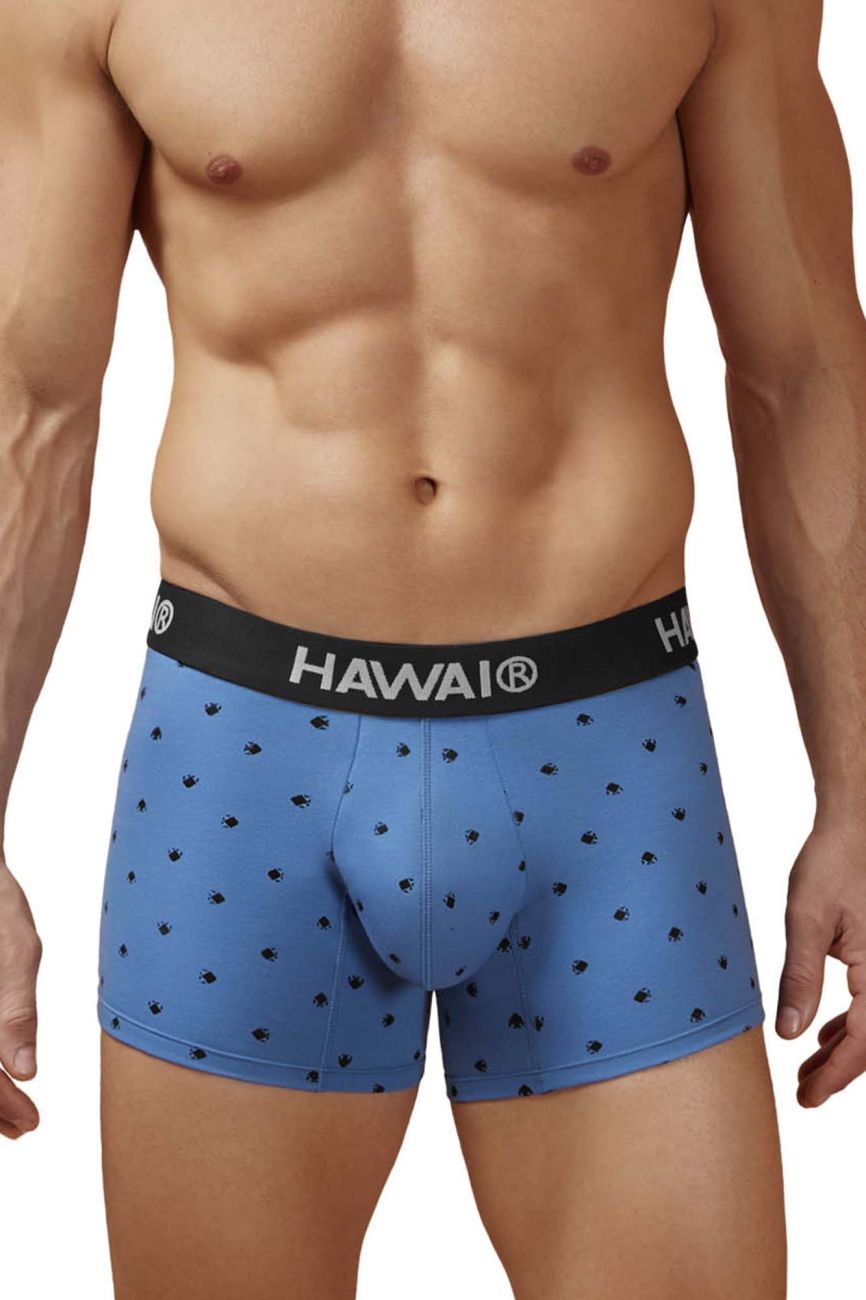 Blue hawaiian men’s cotton blend boxer briefs with black palm tree prints and black hawaii® waistband in blue quartz