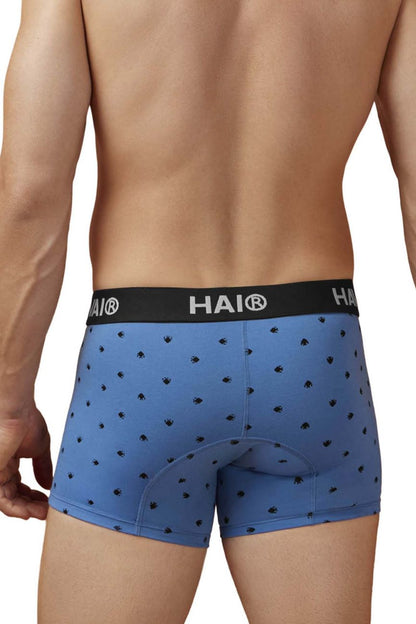 Blue hai boxer briefs in blue quartz cotton blend with black paw print pattern and padded rear section back view