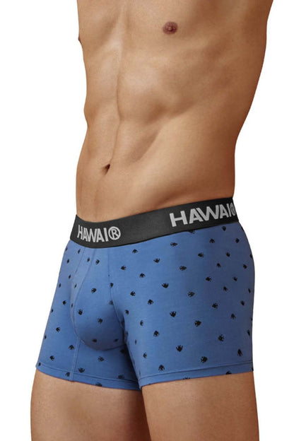 Blue Hawaiian boxer briefs in cotton blend with black elastic waistband and palm tree prints in blue quartz color