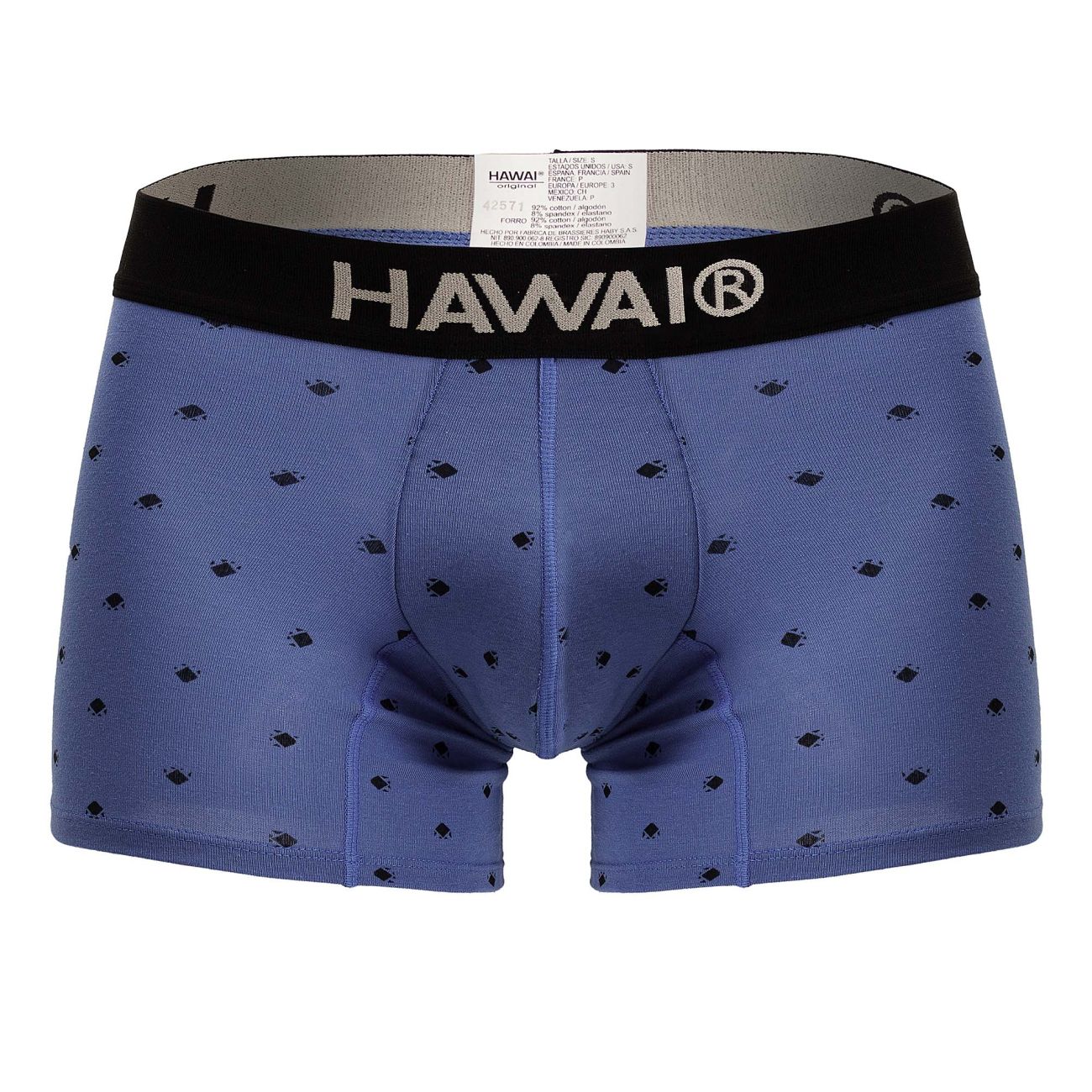 Blue hawaiian cotton blend boxer briefs with black elastic waistband and small black diamond patterns in blue quartz color