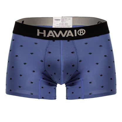 Blue hawaiian cotton blend boxer briefs with black elastic waistband and small black diamond patterns in blue quartz color