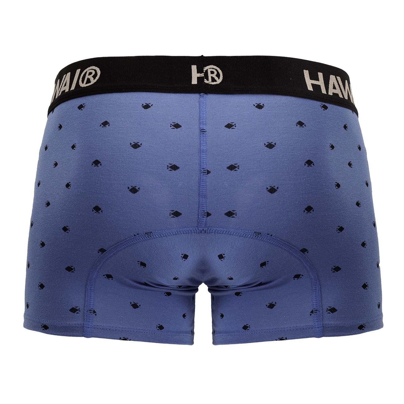 Blue quartz cotton blend men’s boxer briefs with black hawai waistband and dark fish pattern scattered on fabric
