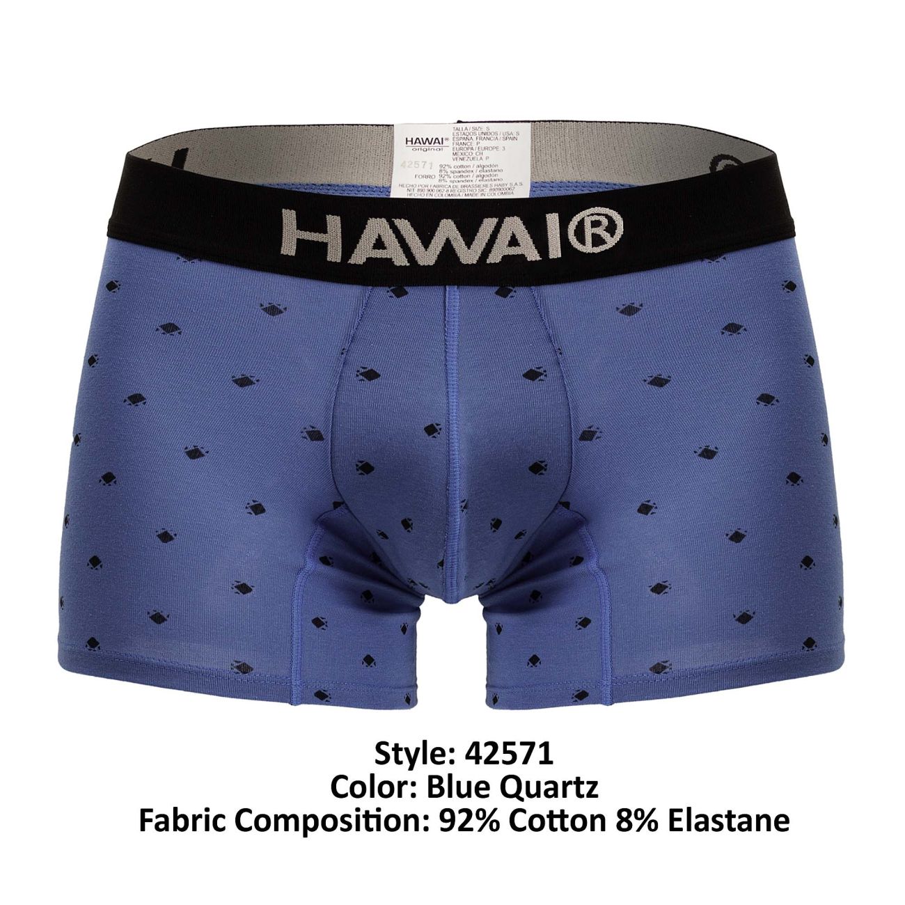 Blue quartz men’s boxer briefs with black waistband featuring hawai logo made from 92% cotton 8% elastane