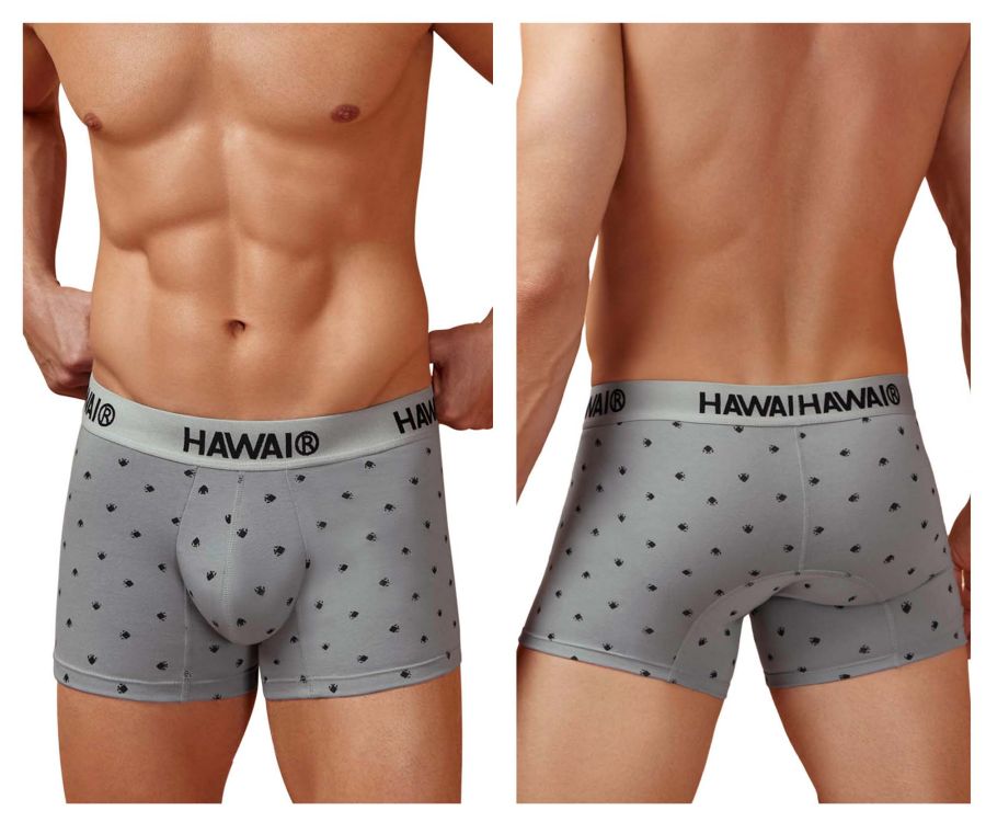 Gray hawaiian-themed men’s cotton blend boxer briefs with black palm tree prints and branded waistband hawai 42571