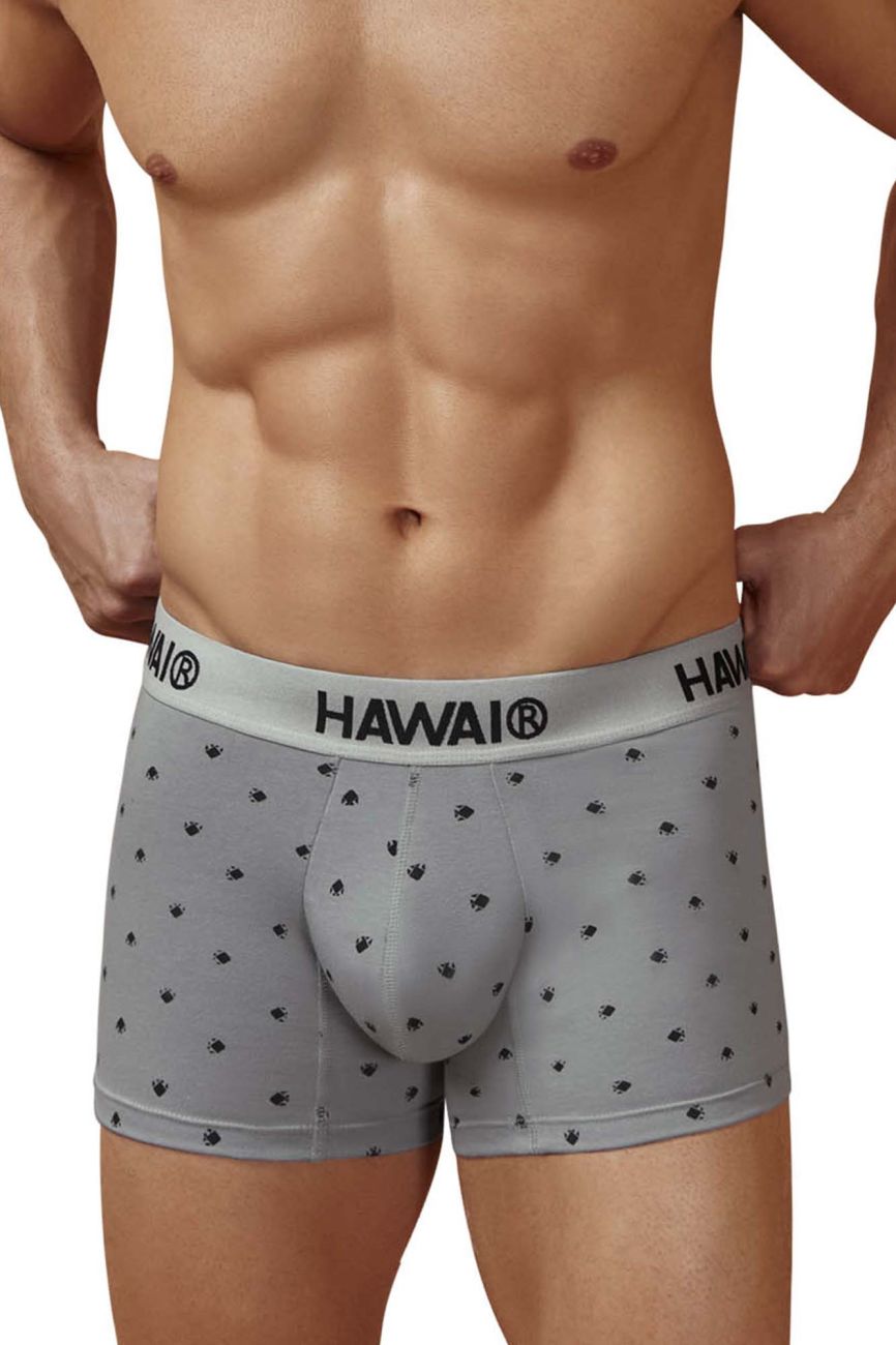 Gray Hawaiian men’s cotton blend boxer briefs with black palm tree prints and branded waistband HAWAI 42571 trunks