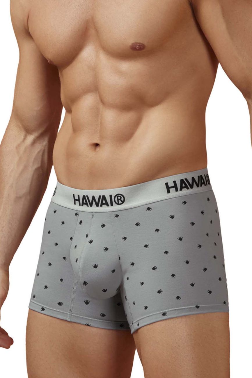 Gray hawai boxer briefs with subtle black palm tree pattern and branded waistband in cotton blend trunks gray color