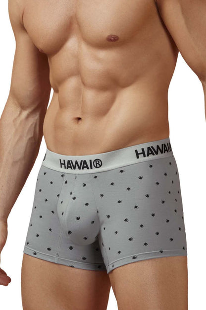 Gray hawai boxer briefs with subtle black palm tree pattern and branded waistband in cotton blend trunks gray color