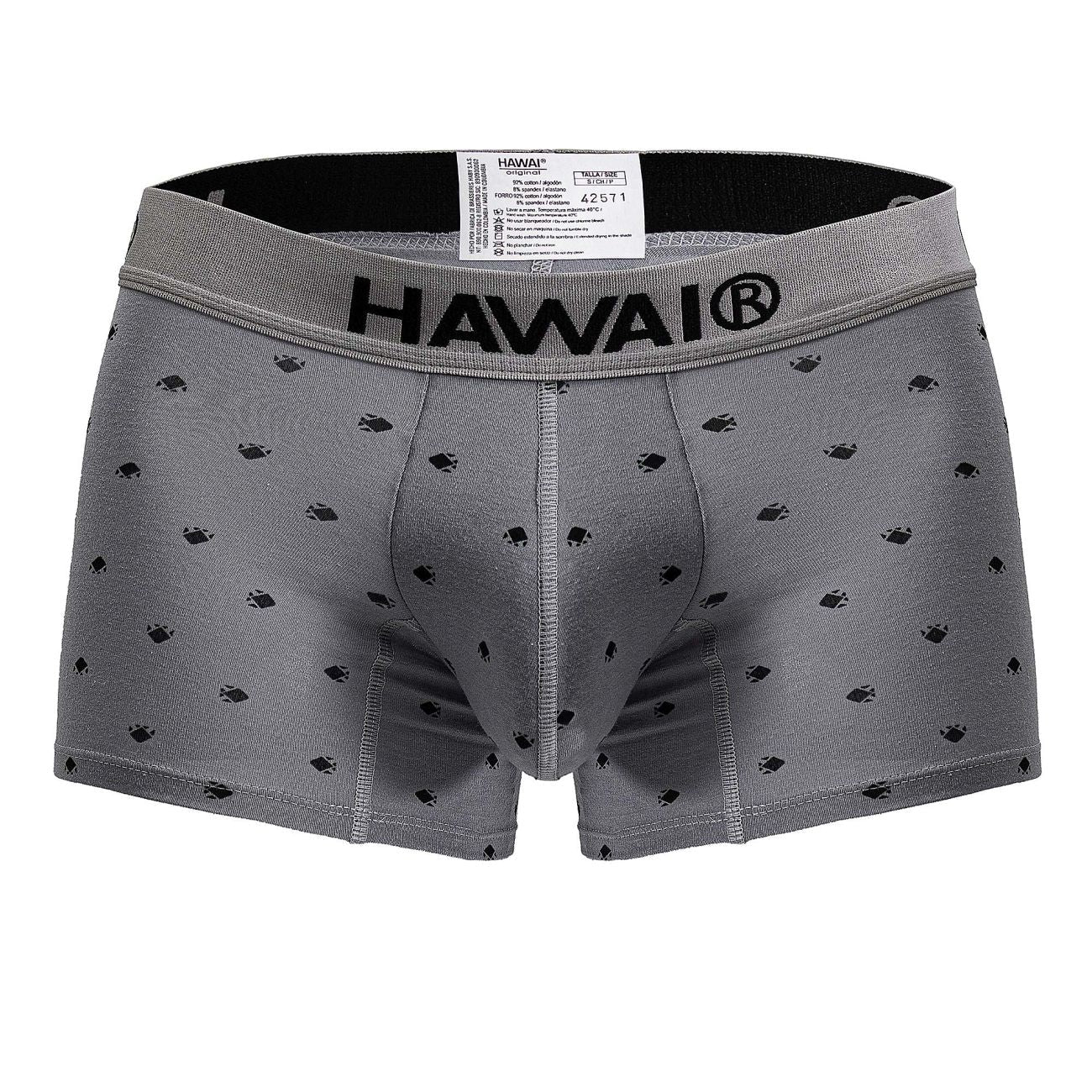 Gray hawaii 42571 men’s cotton blend boxer briefs with subtle black fish pattern and reinforced stitching