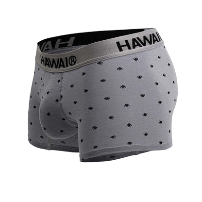 Gray hawai 42571 cotton blend boxer briefs with subtle black fish pattern and branded elastic waistband