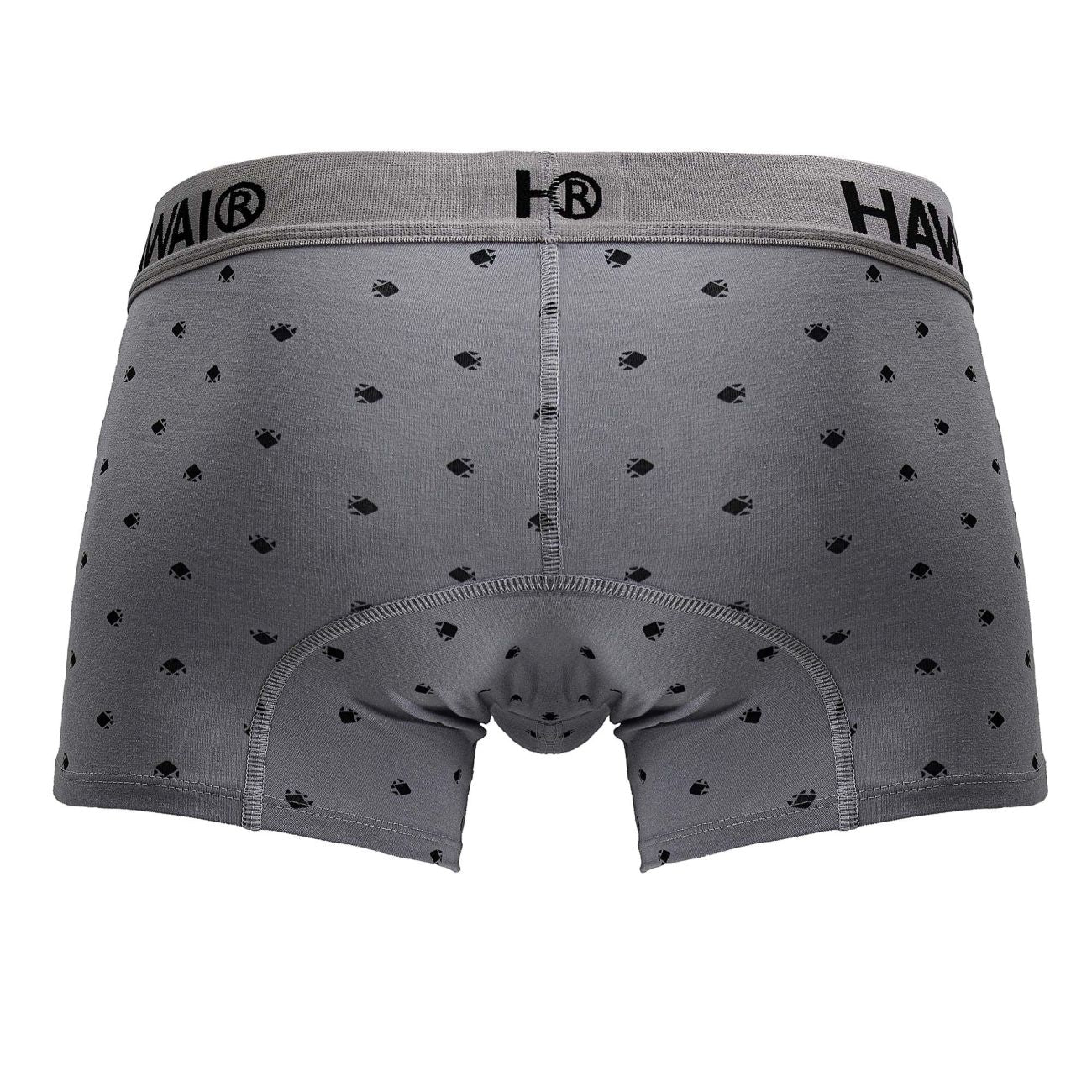 Gray boxer briefs with subtle black fish pattern cotton blend trunks with hawai elastic waistband logo