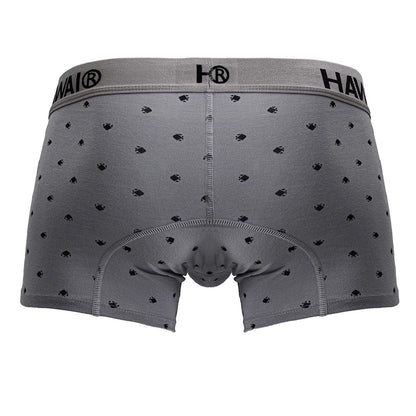 Gray boxer briefs with subtle black fish pattern cotton blend trunks with hawai elastic waistband logo
