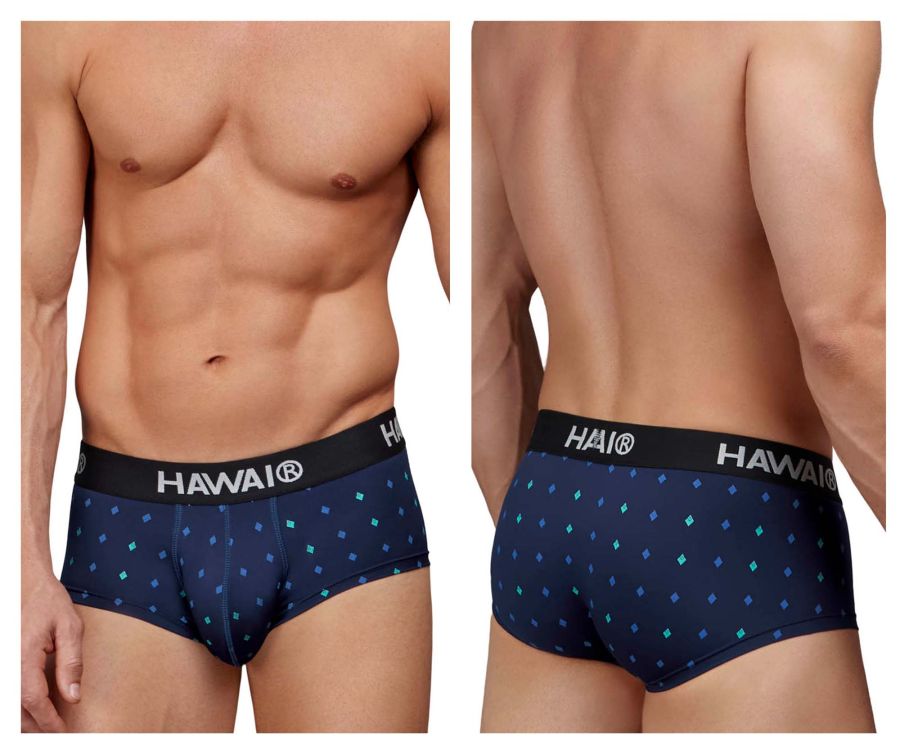 Navy blue Hawai 42580 microfiber briefs with teal diamond pattern and black waistband featuring white Hawai logo