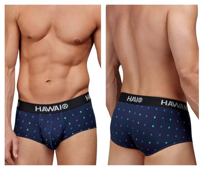Navy blue Hawai 42580 microfiber briefs with teal diamond pattern and black waistband featuring white Hawai logo