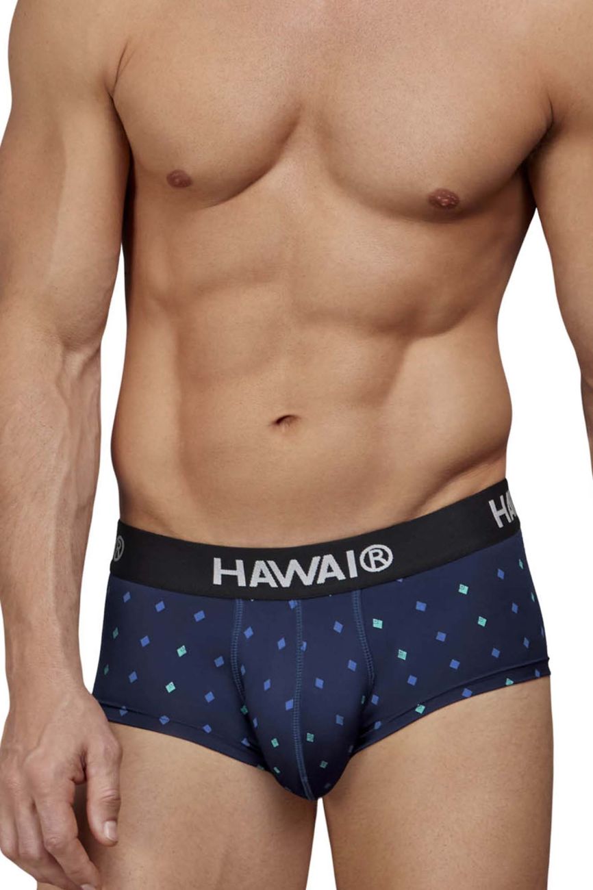 Navy blue patterned HAWAI 42580 microfiber briefs with black waistband featuring HAWAI brand name in white lettering