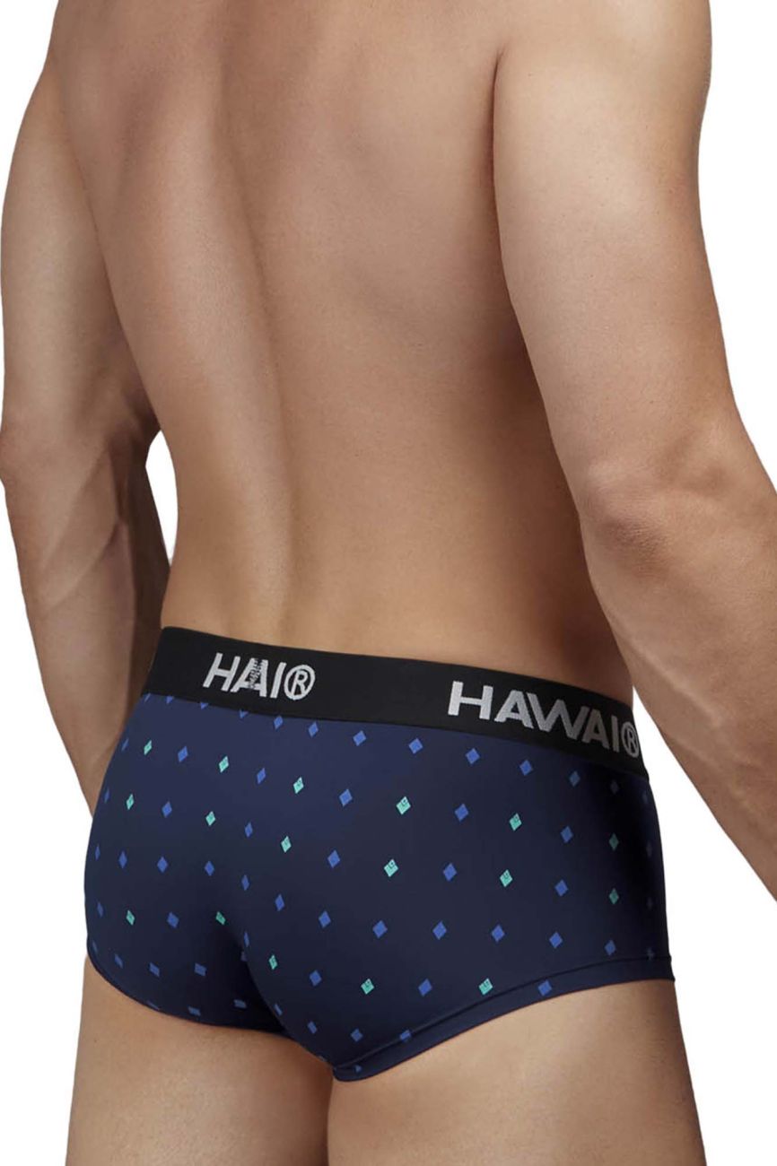 Navy blue hawaï 42580 microfiber briefs with teal and purple diamond pattern and black hai branded waistband
