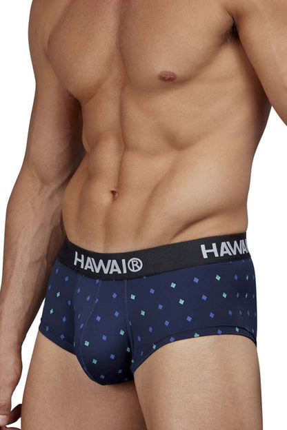 Navy blue hawaï 42580 microfiber briefs with light teal and purple squares and black branded waistband