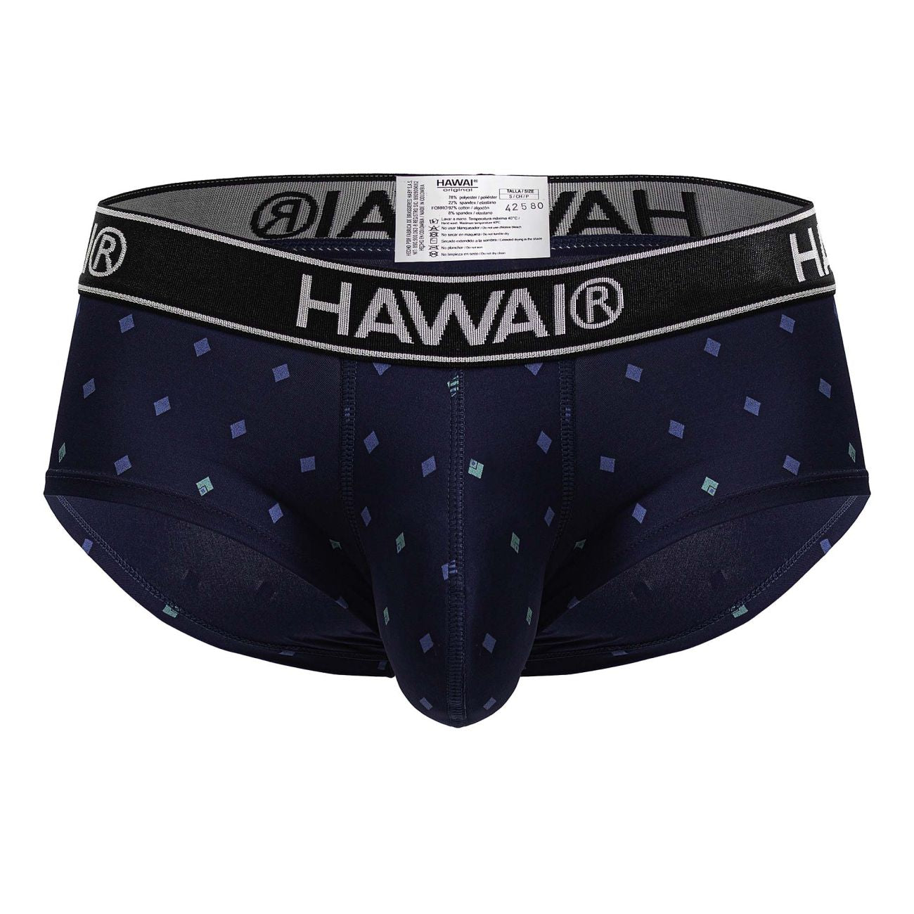 Dark navy blue hawai 42580 microfiber men’s briefs with subtle light purple and teal diamond pattern