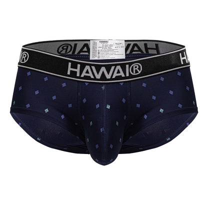 Dark navy blue hawai 42580 microfiber men’s briefs with subtle light purple and teal diamond pattern