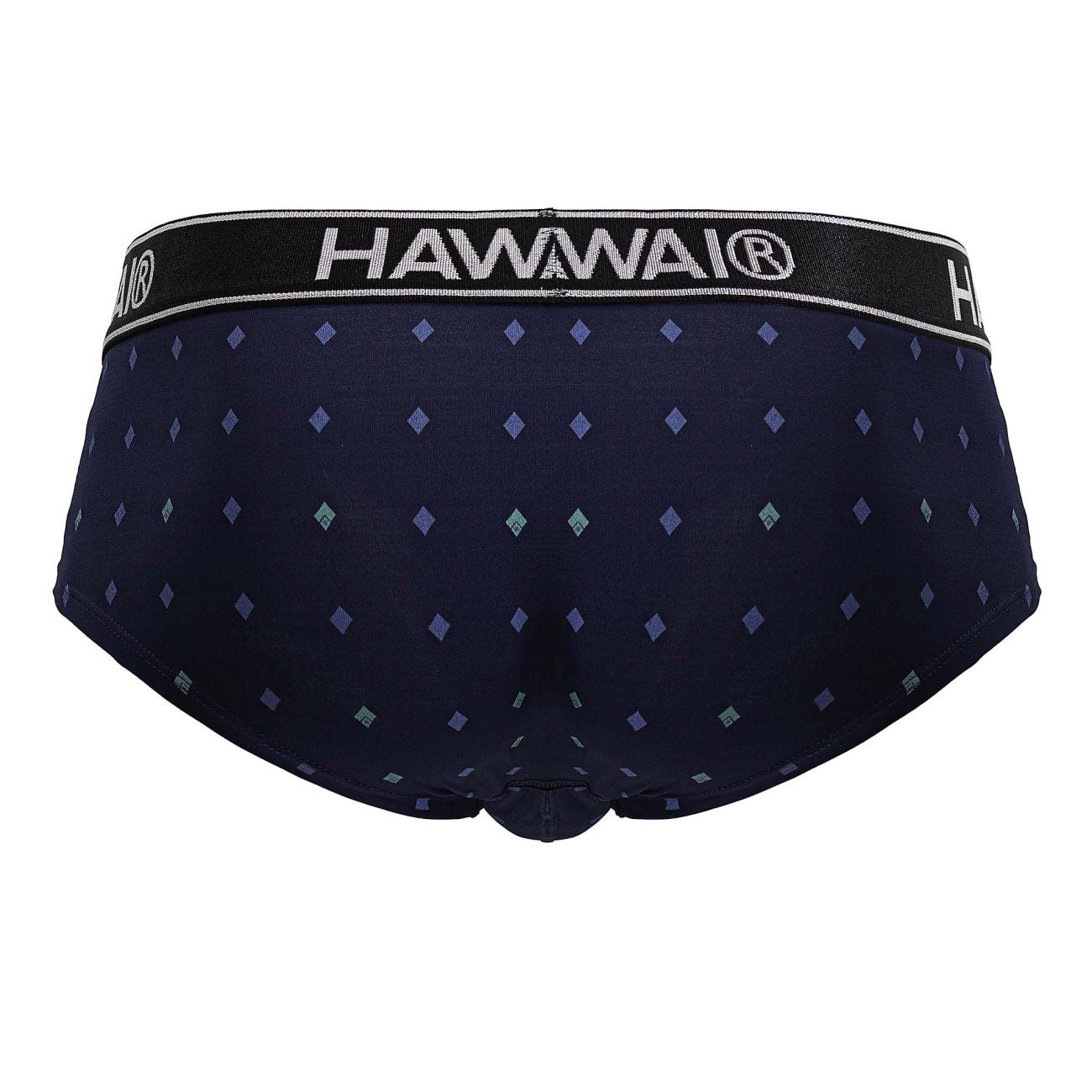 Dark navy blue hawaiian microfiber men’s briefs with purple teal diamond pattern and black waistband with hawaii branding