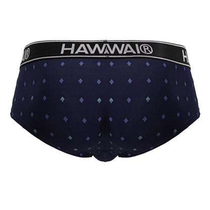 Dark navy blue hawaiian microfiber men’s briefs with purple teal diamond pattern and black waistband with hawaii branding