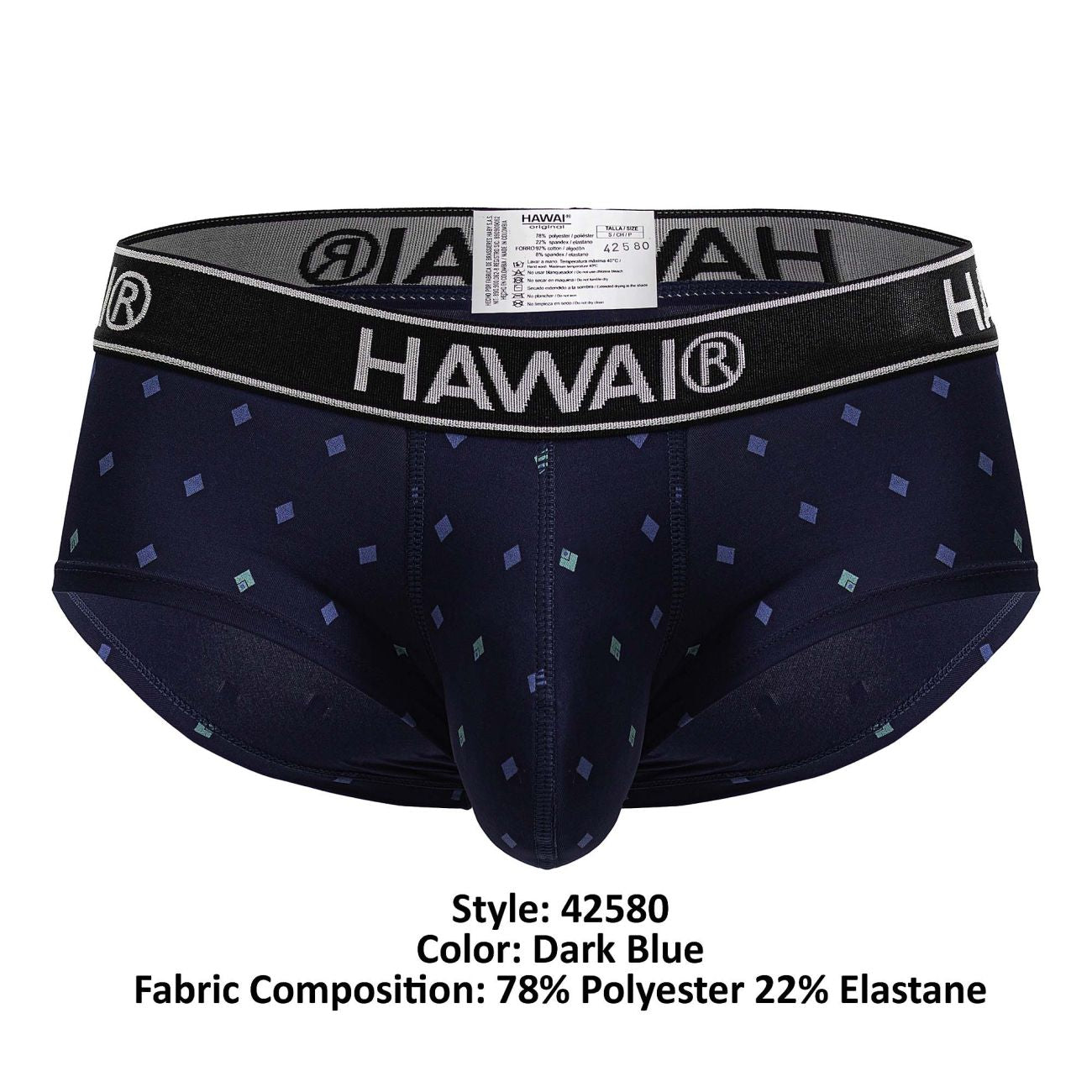 Dark blue hawai 42580 microfiber men’s briefs with subtle geometric pattern and black elastic waistband with brand logo