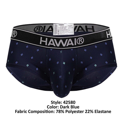Dark blue hawai 42580 microfiber men’s briefs with subtle geometric pattern and black elastic waistband with brand logo