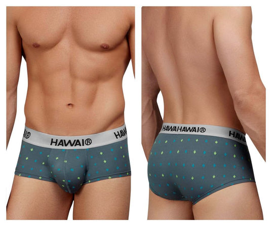 Gray hawaiian-patterned microfiber briefs with a white hawaii branded waistband, model hawai 42580