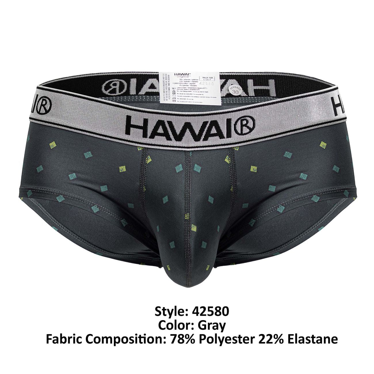 Gray hawai 42580 microfiber men’s briefs with subtle green and yellow square pattern on gray fabric