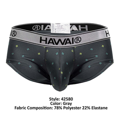 Gray hawai 42580 microfiber men’s briefs with subtle green and yellow square pattern on gray fabric
