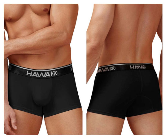 Black hawai® men’s cotton blend trunks in black with a white elastic waistband featuring the brand logo