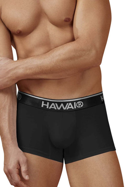 Black Hawai men’s cotton blend briefs in black with a sleek elastic waistband featuring silver lettering and trim