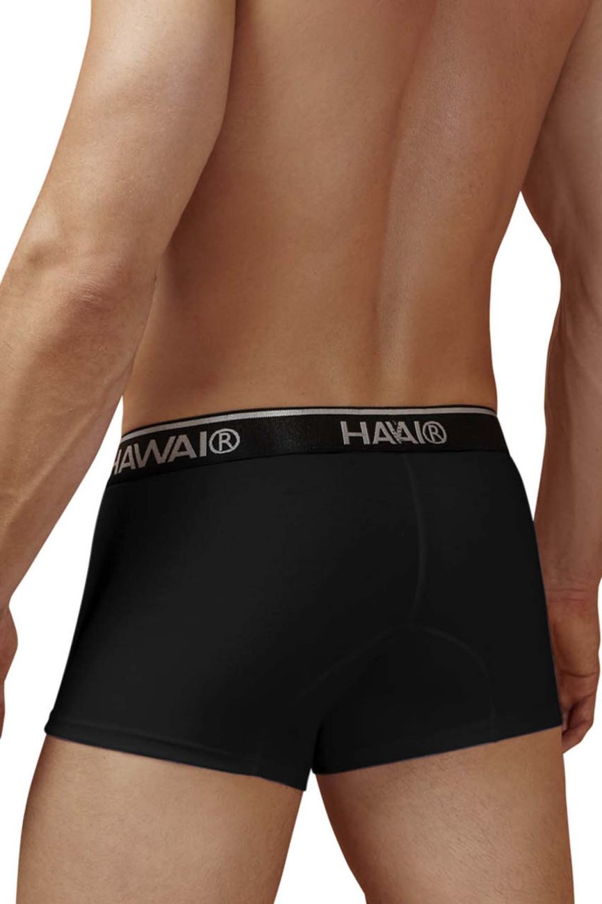 Black hawai 4986 cotton blend trunks in black with a silver logo band showing the front side of the briefs