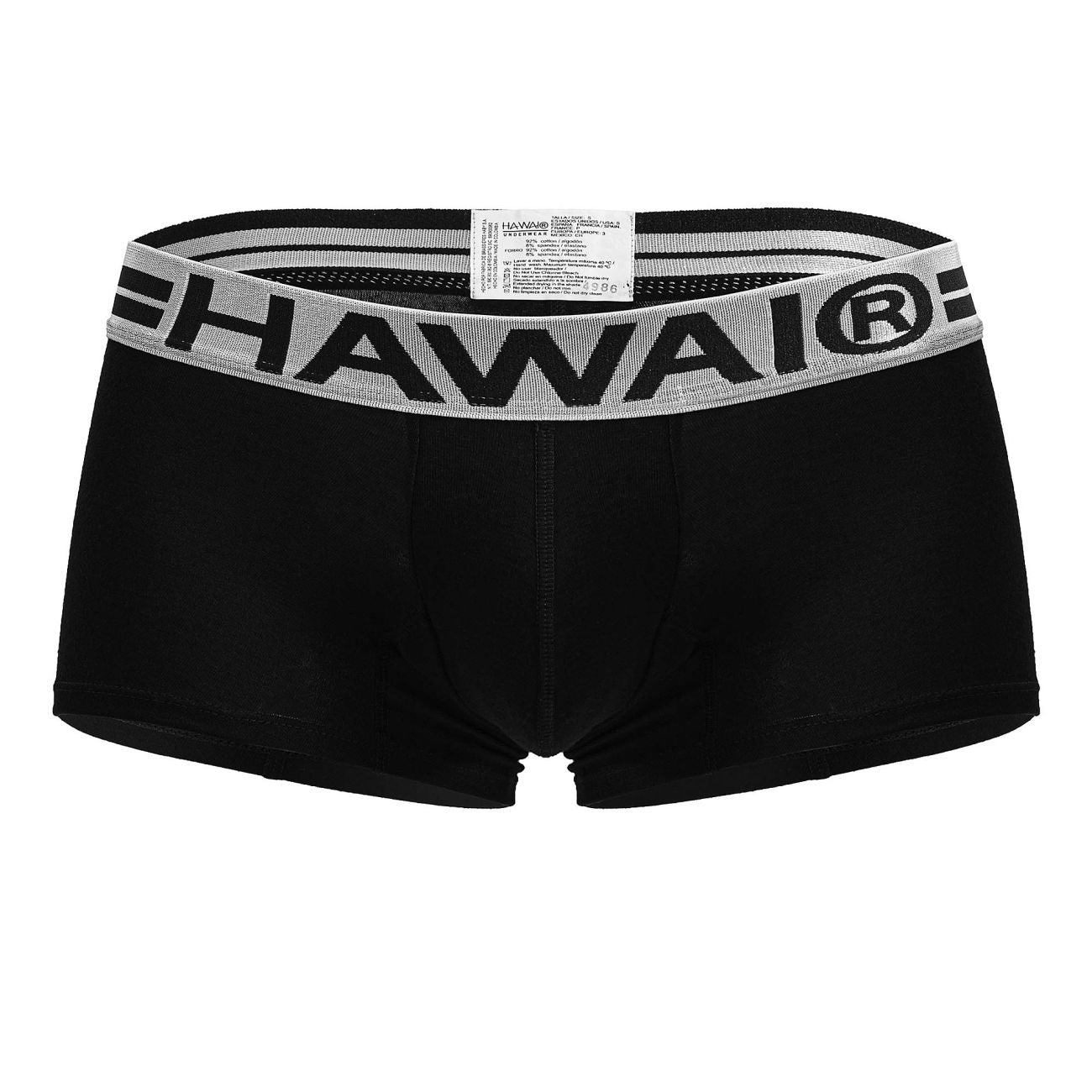 Black hawai briefs trunks in black cotton blend with gray waistband featuring bold black lettering for everyday comfort