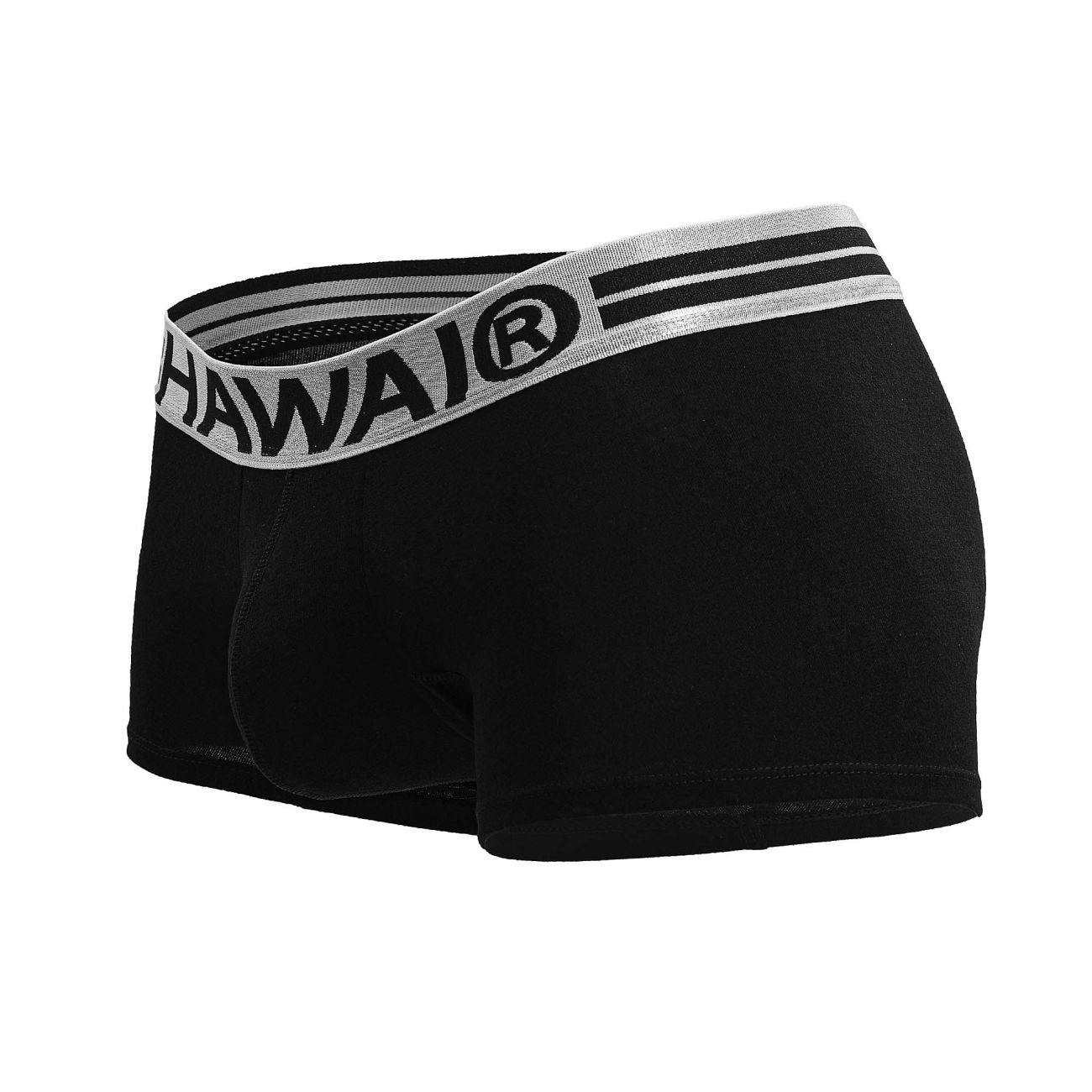 Black hawai 4986 cotton blend boxer briefs in black with a silver waistband featuring black lettering and stripes