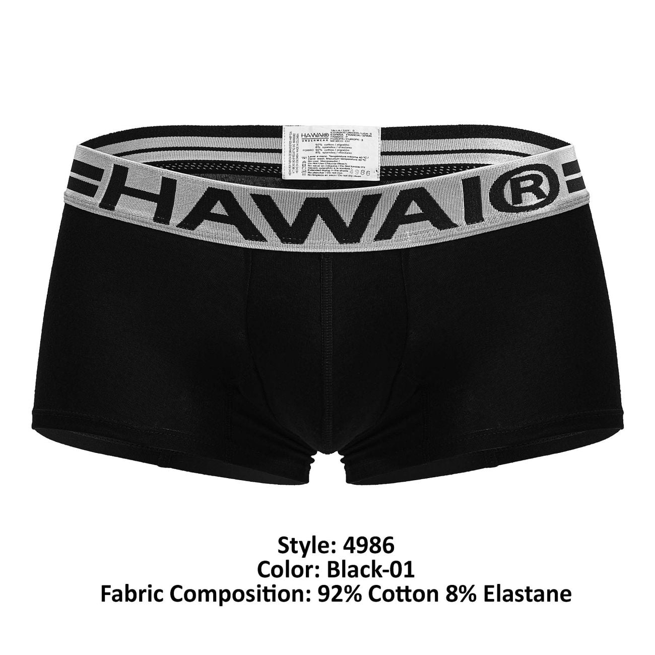 Black hawaï 4986 cotton blend boxer briefs in black with gray waistband featuring bold black hawaï lettering