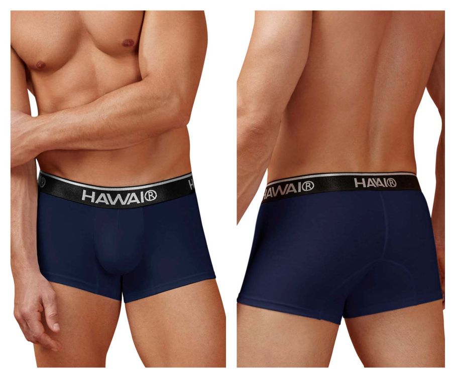 Navy blue Hawai brand cotton blend briefs with black elastic waistband featuring white lettering, dark blue color