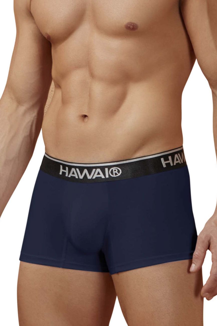 Navy blue Hawaii brand cotton blend trunks with black waistband featuring white lettering color dark blue 01